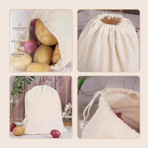 VillageCulture Pack 6 10 12 Inches Muslin Drawstring Bags of Pcs Unbleached Reusable bags Favor Pouches for Crafts