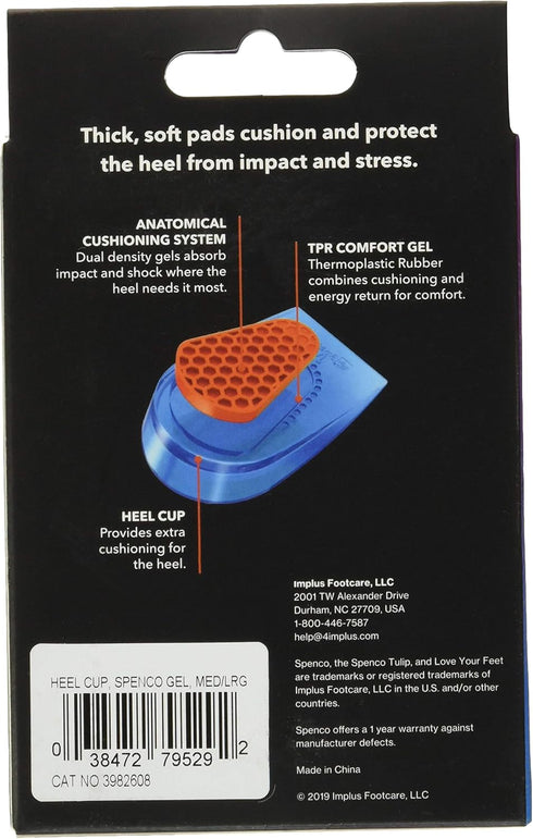 Spenco Gel Heel Cup Shoe Inserts for Pain Relief from Heel Spurs or Bruising, Medium/Large Size