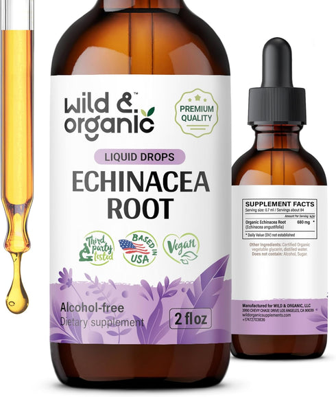 Echinacea Drops - Organic Tincture, Echinacea Root Supplement, Vegan, Alcohol Free - 2 fl oz