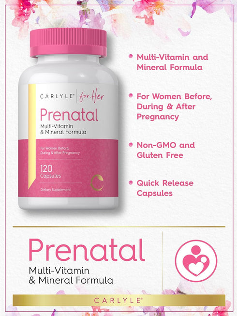 Carlyle Prenatal Vitamins for Women, 120 Capsules, Multivitamin & Mineral Formula with Folic Acid, Non-GMO & Gluten Free