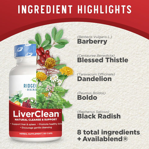 Ridgecrest Herbals LiverClean, Herbal Liver Support Supplement with Blessed Thistle and Dandelion, 60 Caps