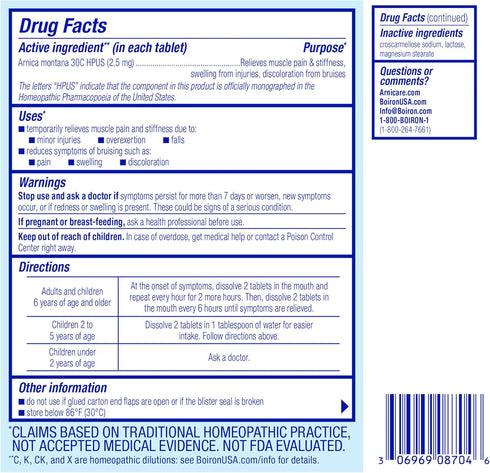 Arnica 30C Tablets for Pain Relief from Muscle Pain, Joint Soreness, Swelling from Injury or Bruises - 60 Count