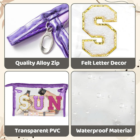 Y1tvei Clear SUN Makeup Bag - 2Pcs Preppy Purple Chenille Varsity Letter Cosmetic Bag, Waterproof Beach Travel Pouch