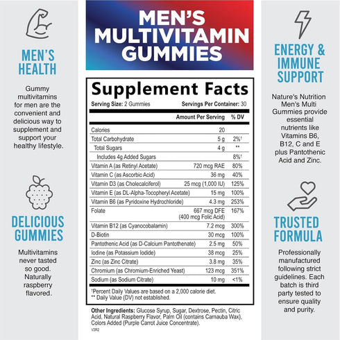 Nature's Multivitamin for Men Gummies - Berry Flavored Mens Multivitamins Daily Supplement with Vitamins A, C, D, E, B6, B12, & Zinc - Gummy Vitamin for Energy & Immune Health Support - 60 Gummies