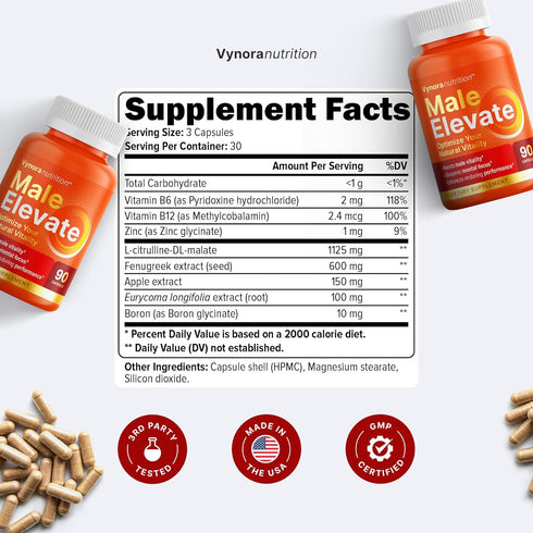 Vynora Nutrition 90 Testosterone Booster Supplement - Male Enhancing Performance Pills for Men - Fast Acting Blood