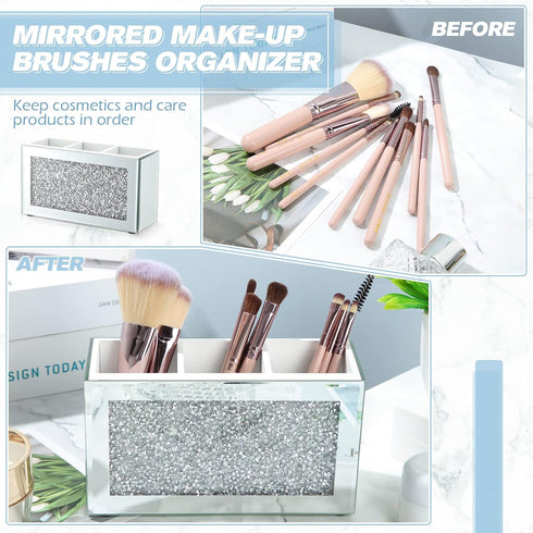 Tanlade 2 Pcs Mirrored Makeup Brush Holder, Crushed Diamond Crystals Organizer for Vanity and Desk