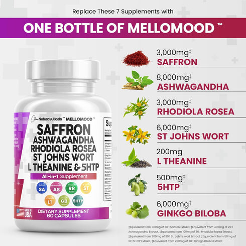 Clean Saffron Supplements with Ashwagandha 8000mg - Mood Support with L-Theanine 200mg, Ginkgo Biloba 6000mg, St. John's Wort 6000mg, Rhodiola Rosea 3000mg & 5-HTP 500mg - Saffron Pills Capsules USA