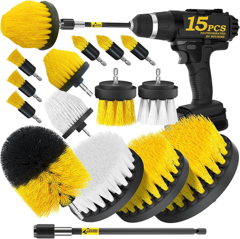 Holikme 15Piece Drill Brush Attachments Set, Power Scrubber Brush with Long Attachment for Kitchen and Bathroom Cleaning