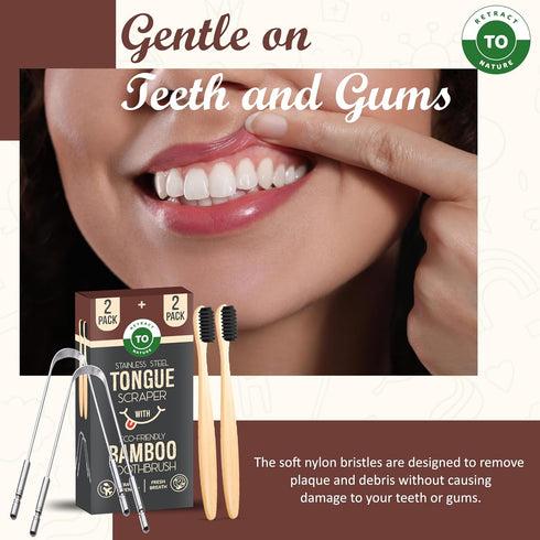 Eco-Friendly Tongue Scraper (2 Pack) with Bamboo Toothbrush (2 Pack) I Stainless Steel Cleaners for Fresher Breath.