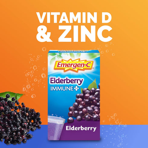 Emergen-C Immune+ Vitamin C 1000mg, 18 Count, Elderberry Dietary Supplement Fizzy Drink Mix Powder Packets