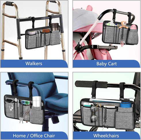 FINPAC Wheelchair Side Storage Bag w/Cup Holder, Wheelchair Armrest Accessories Pouch with Pen Slot and Reflective