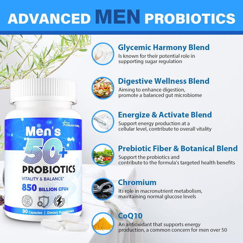 QIVERNAMY 50+ 850 1800mg 50, 90 Probiotics for Men, Advanced Mens Probiotic, Comprehensive Gut & Energy Support