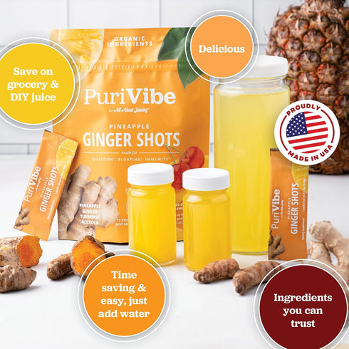Immunity 15 Packs Ginger Shots with Turmeric & Pineapple - Ginger Juice Superfood Powder - Shots & Wellness Shots