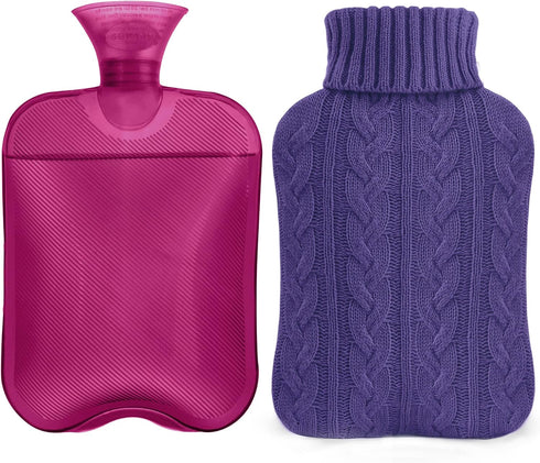 samply Hot Water Bottle with Knitted Cover, 2L for Hot and Cold Compress, Ideal for Menstrual Cramps, Purple