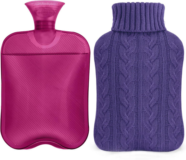 samply Hot Water Bottle with Knitted Cover, 2L for Hot and Cold Compress, Ideal for Menstrual Cramps, Purple