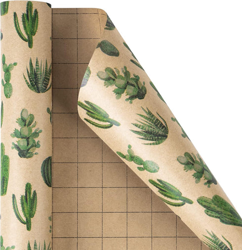 RUSPEPA Kraft Wrapping Paper Roll, Mini Roll, Cactus Design for All Occasions, 17 Inches X 32.8 Feet