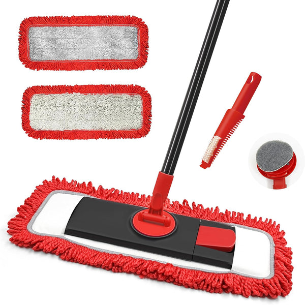 JEHONN Floor Mop - Dry Wet Flat Dust Mops with Microfiber & Chenille Pads for Hard Wood, Laminate, Tile