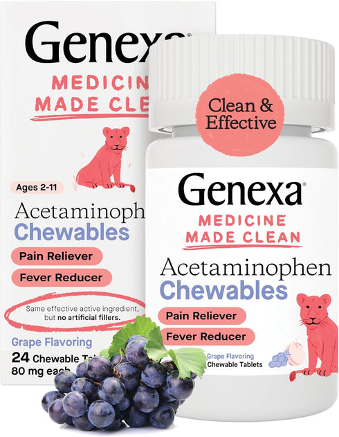 Genexa Kids’ Pain and Fever Reducer, Dye Free Chewable Tablets for Kids 2-11, Organic Grape Flavor, 24 Count