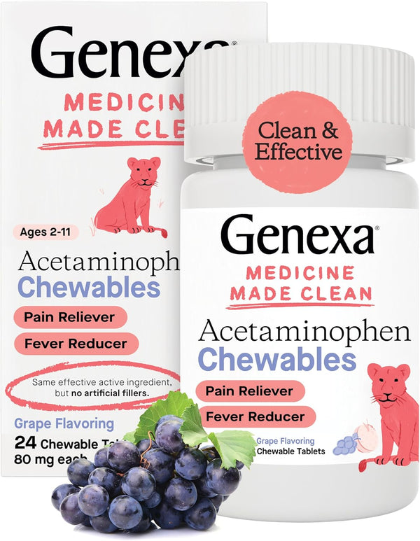 Genexa Kids’ Pain and Fever Reducer, Dye Free Chewable Tablets for Kids 2-11, Organic Grape Flavor, 24 Count