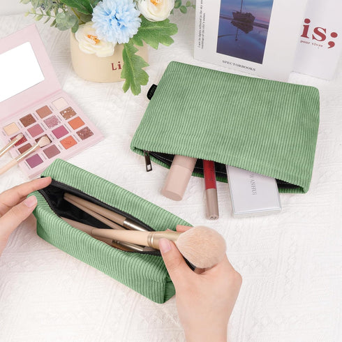 MAGEFY Makeup Bag, 2 PCS Corduroy Makeup Bag for Purse, Cute Travel Cosmetic Pouch for Women and Essentials
