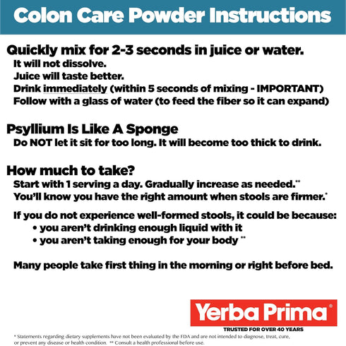Yerba Prima Prebiotic Colon Care Formula - 20 oz Powder Pack of 2, Natural Fiber Supplement for Men & Women