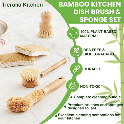 Set 5-Piece Set 2 Tieralia Bamboo Dish Brush Gift Kitchen Cleaning with Bottle Brush, Round Scrub Brush, Palm Brush