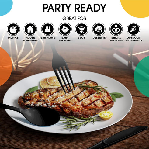 150 Pack Black Plastic Cutlery Set - Heavy Duty Disposable Silverware, 50 Forks, Spoons & Knives for Parties