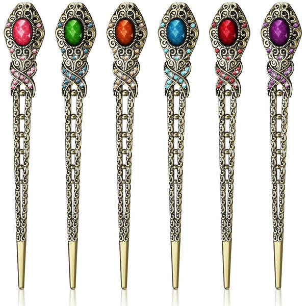 Yilloog 6 Pieces Vintage Rhinestone Hair Sticks, Stylish Traditional Accessories for Women in 6 Colors