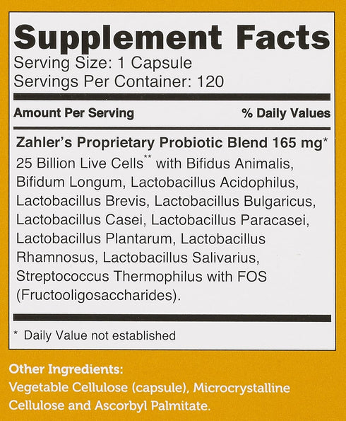 Advanced Nutrition by Zahler Probiotic Nutritional Supplement Capsules, 25 Billion Live Culture, 120 Capsules