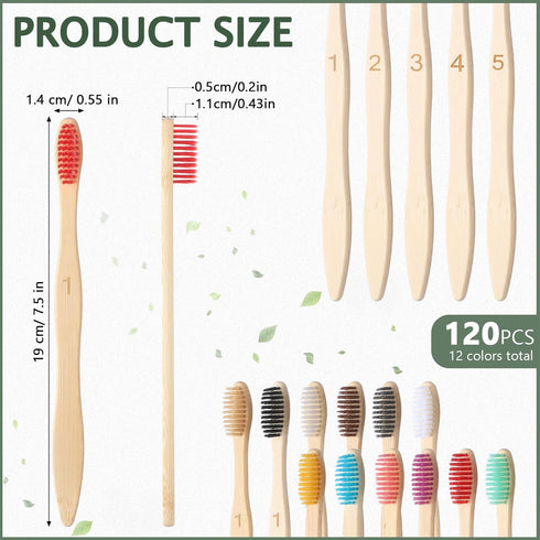 120 Pcs Bamboo Toothbrushes Bulk Soft Bristle Toothbrush Wooden Disposable Travel Toothbrush Bamboo Charcoal Individually Wrapped Toothbrush for Kid Adult Home Travel Use, 7.5 Inch, 12 Colors (Number)