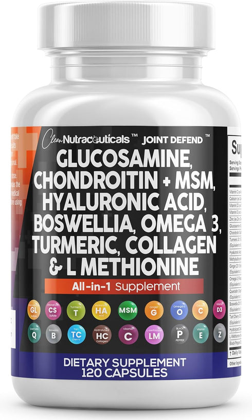 Clean Nutraceuticals Joint Support Supplement - Glucosamine Chondroitin MSM Turmeric with Omega 3 & 120 Count Capsules