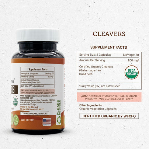 Secrets of the Tribe Cleavers USDA Organic - 60 Capsules of Certified Organic Cleavers (Galium aparine) Dried Herb