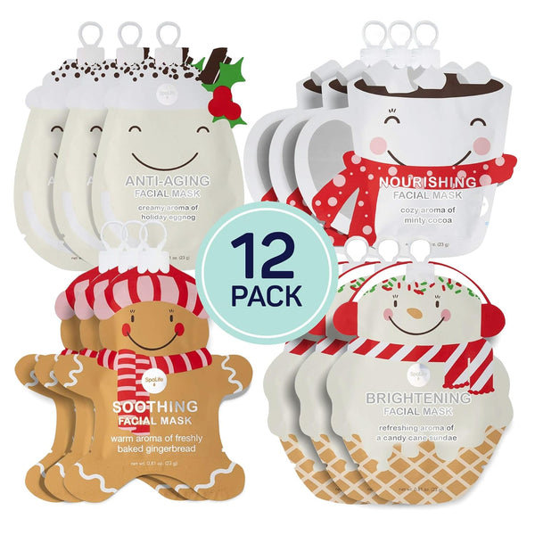 SpaLife Holiday Treats Facial Masks 12-Pack - Festive Christmas Skincare for Soothing and Nourishing