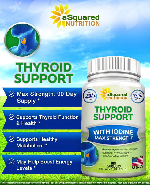 aSquared Nutrition Premium Thyroid Support Supplement with Iodine - 180 Capsules, Herbal & Vitamin Complex