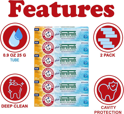 HAMMER 6 Pack, 0.9 Oz ARM & Toothpaste Plus Thera, ICY Mint, Anticavity Fluoride Toothpaste with Baking Soda, Whitening