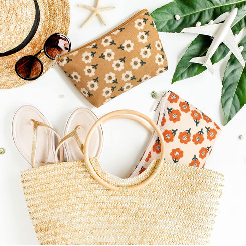 Photect 3 Pcs Floral Makeup Bag, Corduroy Small Pouch, Canvas Cosmetic Mini Toiletry Zipper Bags