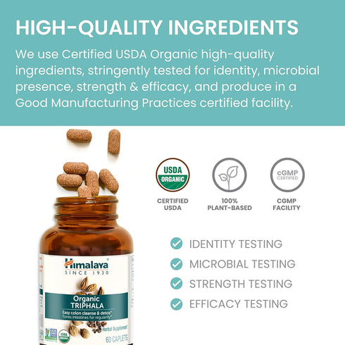 Himalaya Organic Triphala Herbal Supplement | 688 mg | 30 Plant-Based Caplets | Supports Colon Cleansing, Regularity,