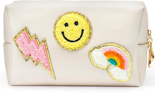 LieToi Preppy Patch Small Cosmetic Toiletry Bag, Waterproof PU Leather Travel Organizer Pouch for Women Girls