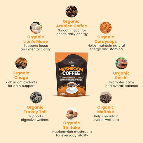 SunLab Essentials 17 Immunity, 30 Organic Mushroom Coffee Functional Mushroom Blend (Lion's Mane, Reishi, Chaga