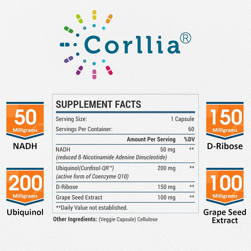 NADH + CoQ10 + D-Ribose Supplement, Enhance NAD+ Supplement for Energy, Fatigue, 60 Capsules