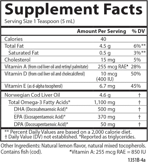 Carlson Cod Liver Oil, 1100 mg Omega-3s, Sustainably Sourced Nordic Liquid Fish Oil, Lemon, 250 ml