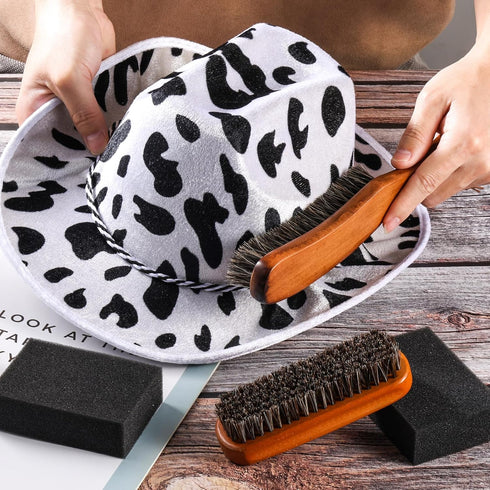 4 Pcs Horsehair Felt Hat Brush Kit, Cleaning Sponge for Cowboy, Fedora, Baseball Cap, and Furniture
