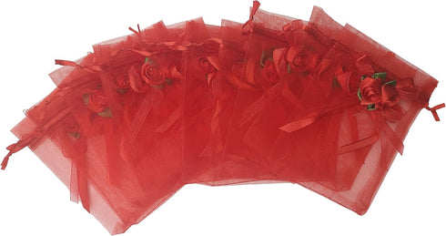 50pcs Sheer Organza Favor Bags - 3.8x4.8'' Gift Bags for Wedding Samples Display, Drawstring (Hot Red)