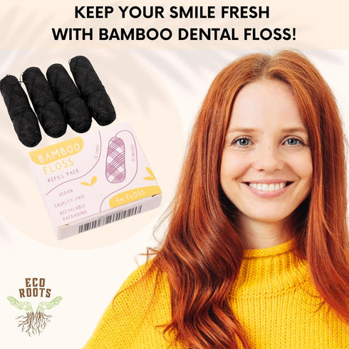 ECO ROOTS Organic Bamboo Floss Refill x4 Rolls, Eco Friendly Dental Charcoal Floss, Reusable Flosser, Vegan Bamboo