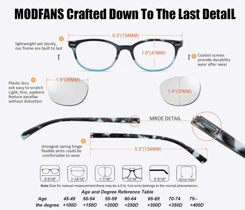 MODFANS Reading Glasses 1.25 Women 3 Pack, Spring Hinge Fashion Round with Pouch