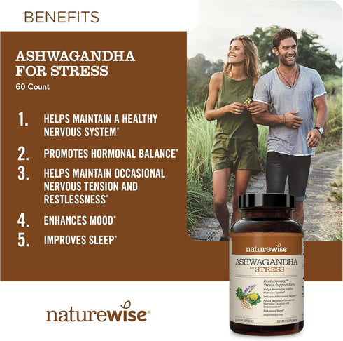 NatureWise Ashwagandha for Stress with KSM-66 Extract + GABA + L-Theanine + Rhodiola Rosea, 60 Capsules