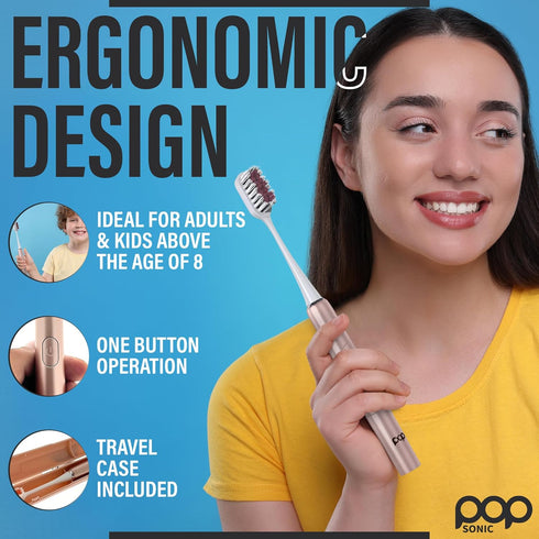 Pop Sonic Go Plus Travel Electric Toothbrush (Rose Gold) | 2 Speeds with 18000-24000 Vibrations Per Minute, Ultimate Set