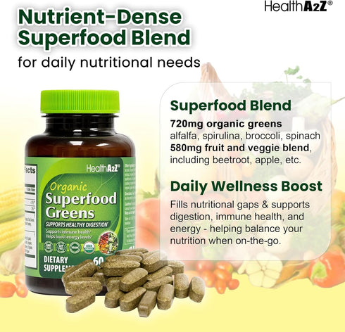 HealthA2Z 60 720mg 580mg Organic Superfood Greens | Tablets | Greens Blend | Fruits & Veggies Blend | Alfalfa
