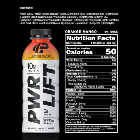 Whey Protein Water Sports Drink by PWR LIFT, Orange Mango, 10g Protein, Keto, Zero Sugar, 16.9oz (Pack of 12)