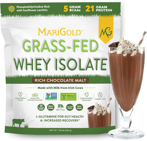 MariGold Grass-fed Whey Protein Isolate Powder - Rich Chocolate Malt Flavor - 1 Lb, 100% Pure, Non-GMO